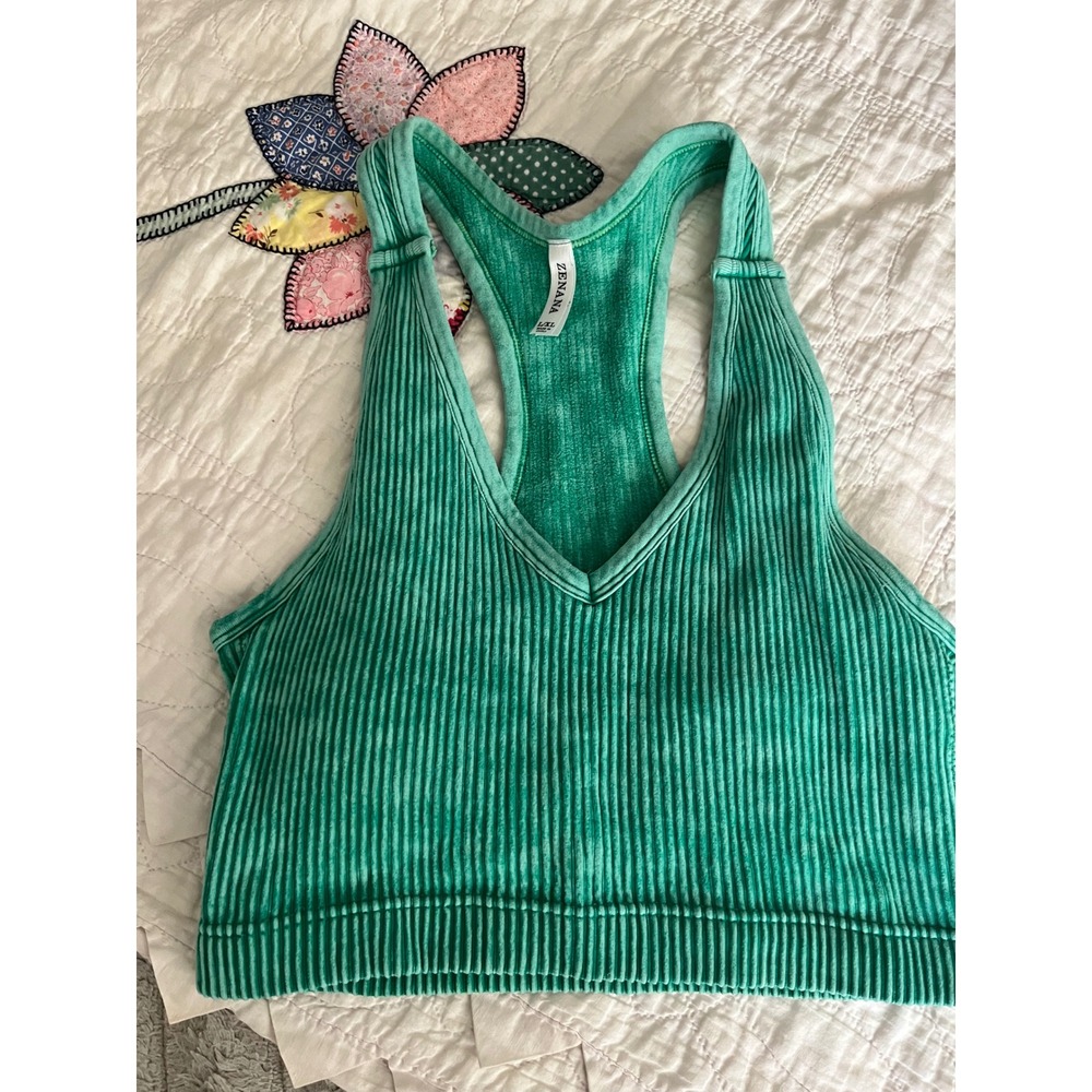 Zenana Ribbed Mineral Wash Racerback Crop Tank Top Green L/XL